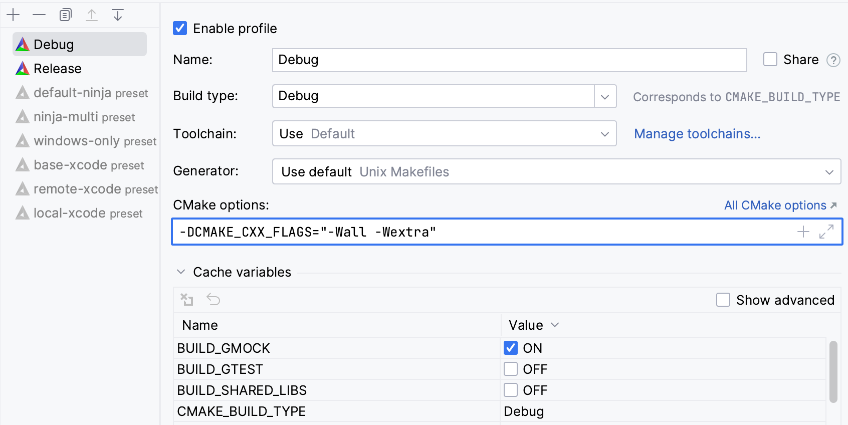 Setting compiler flags in CMake options