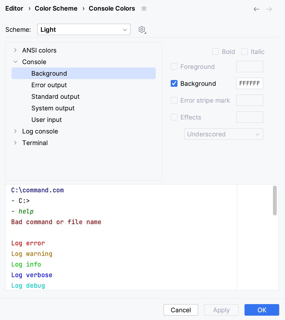 Console color scheme settings