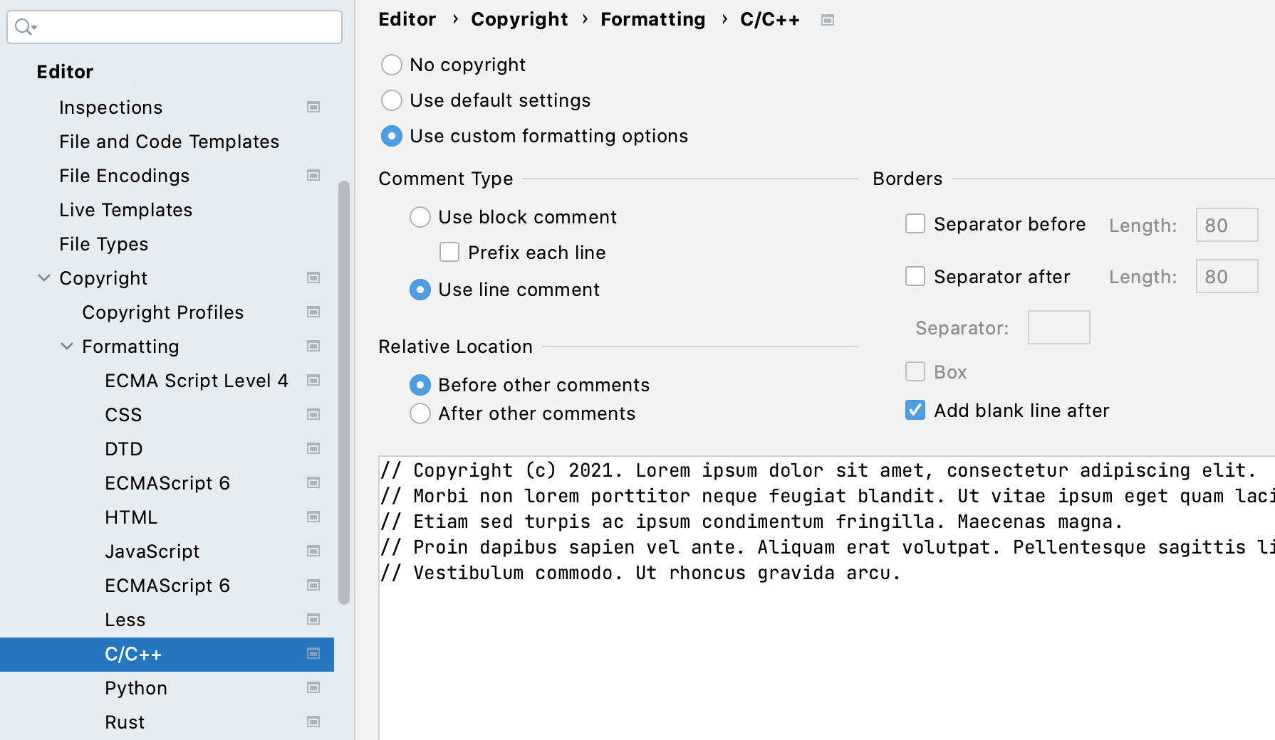 Copyright formatting settings for C/C++