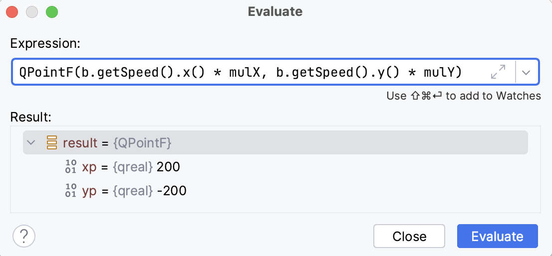 Evaluate expression dialog