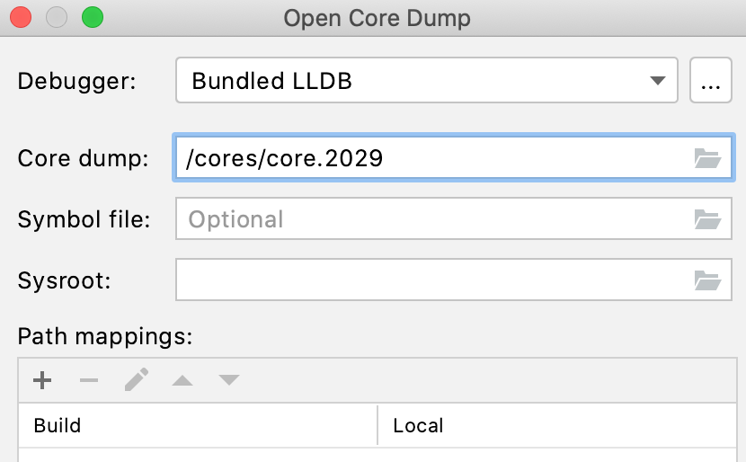 The Open Core Dump dialog