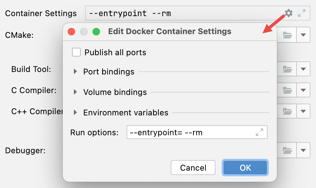 Docker container settings