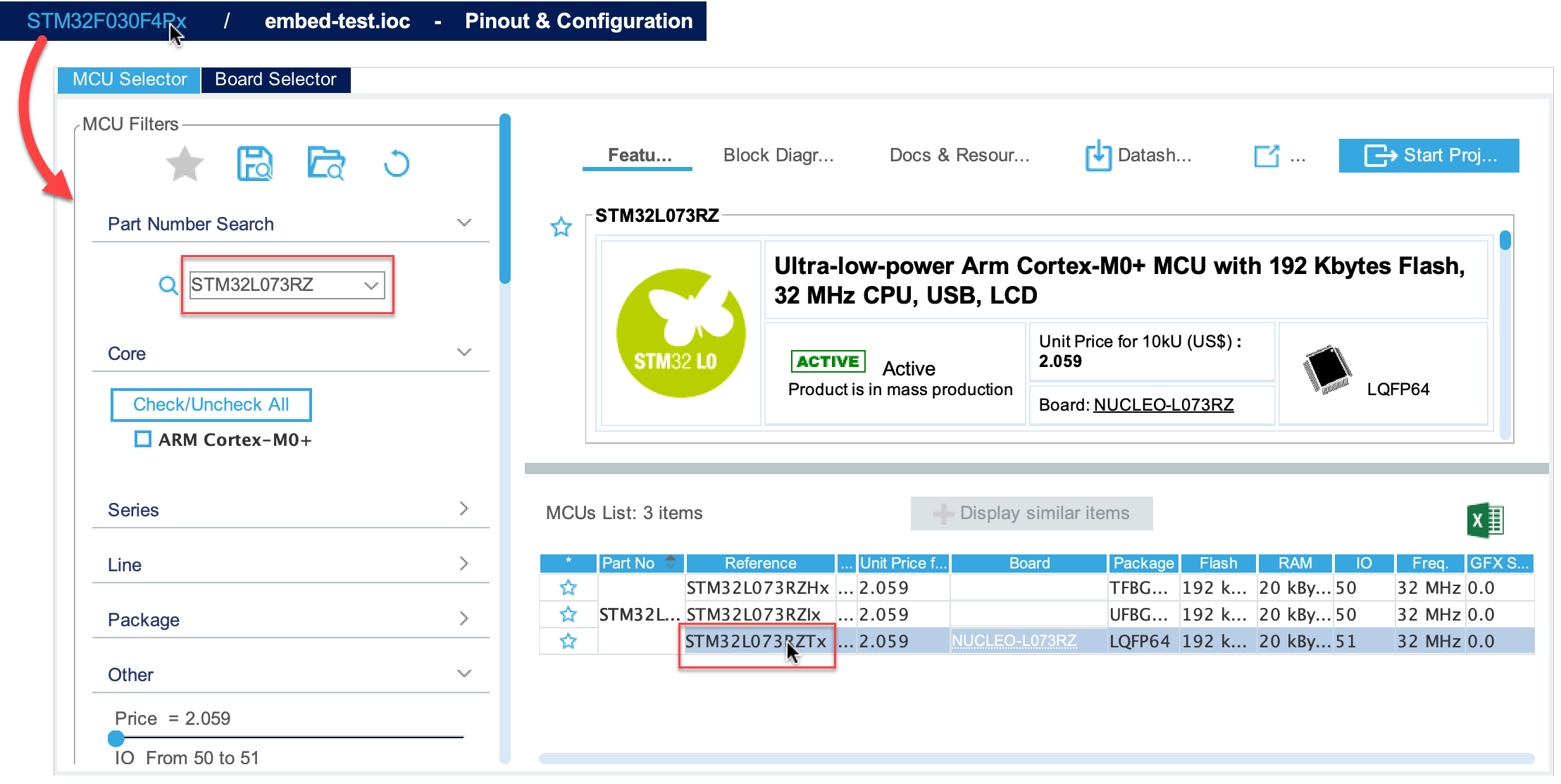 changing mcu in cubemx