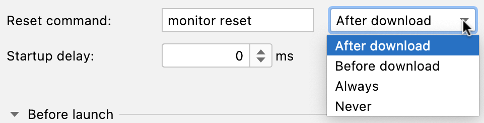 Embed gdb server reset options