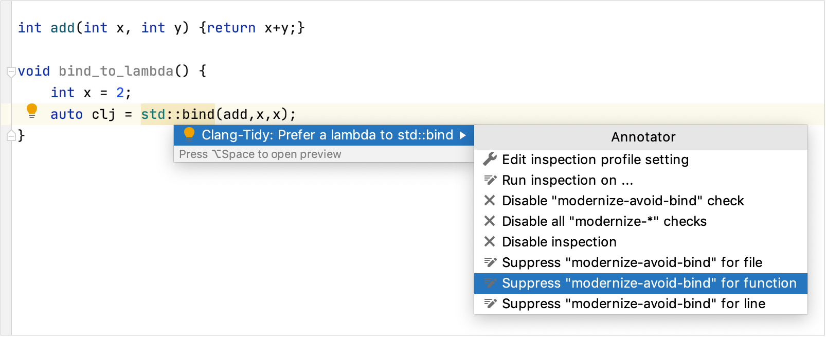 Suppress inspection in the editor