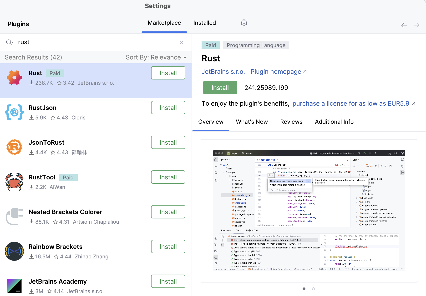 Installing Rust plugin from Settings