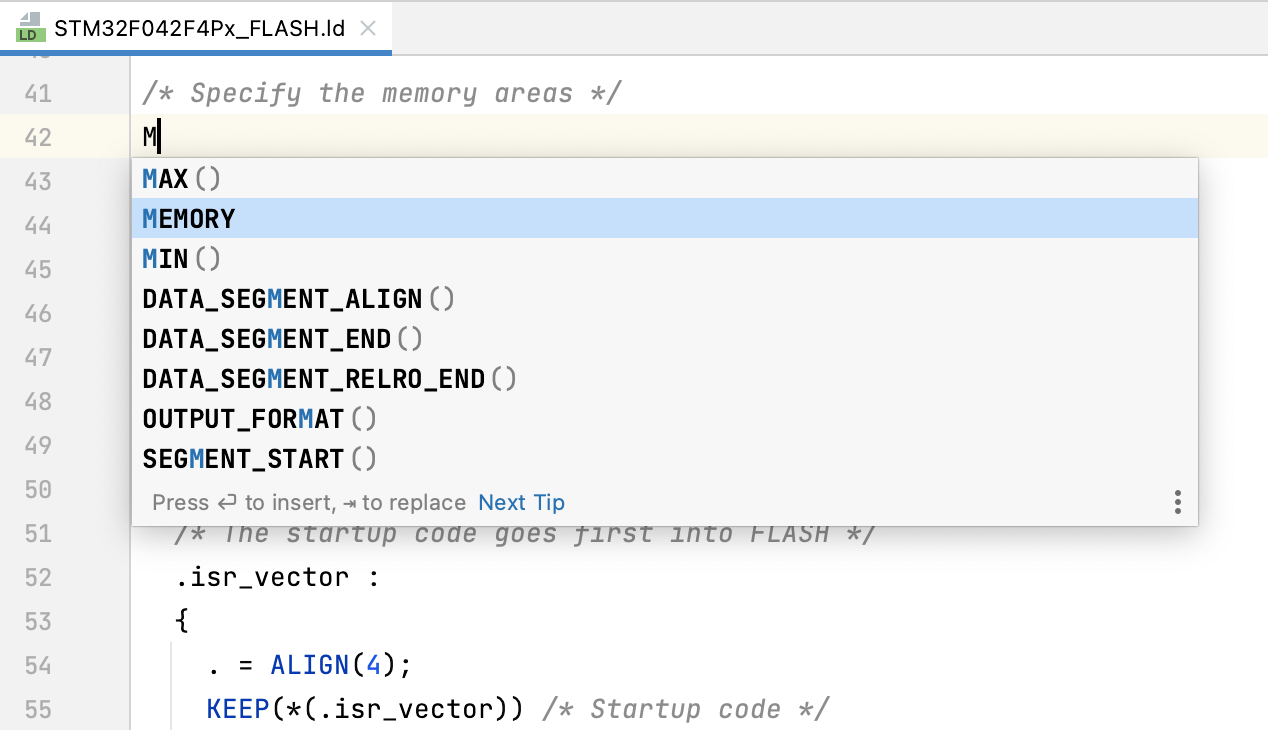 Code completion in linker scripts