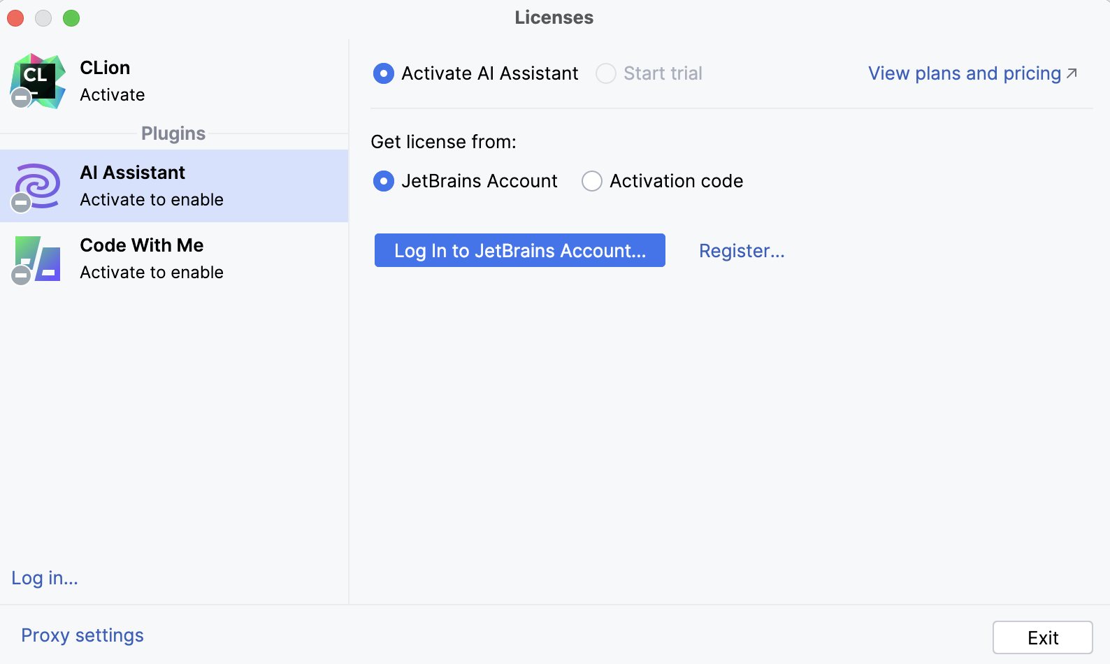 Licenses dialog with an option to log in to JetBrains account