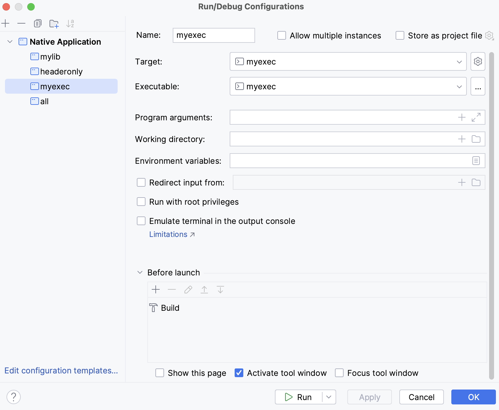 An example of a Native Application configurations for Meson