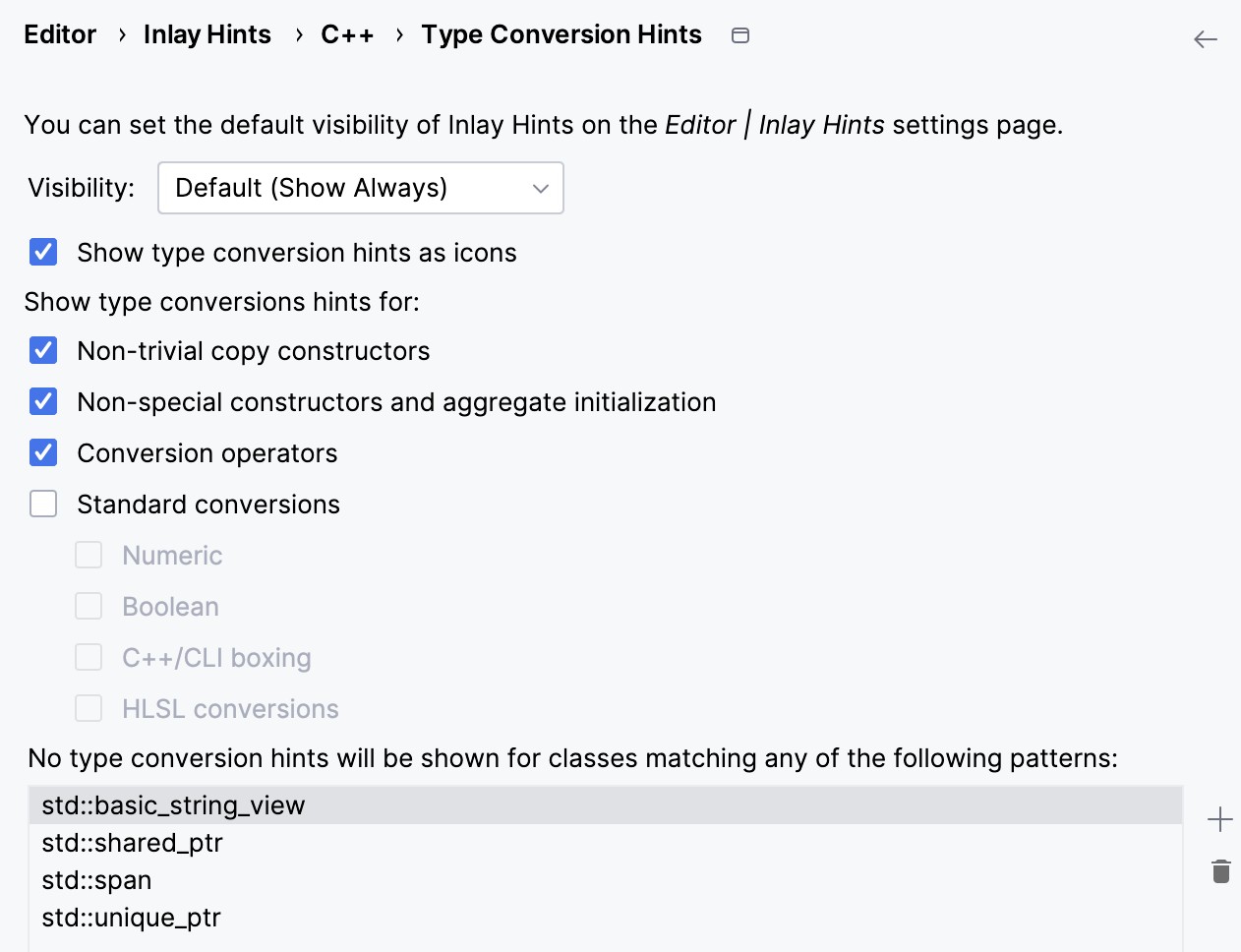 Type conversion hints settings in CLion Nova