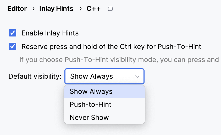 Inlay hints visibility iptions