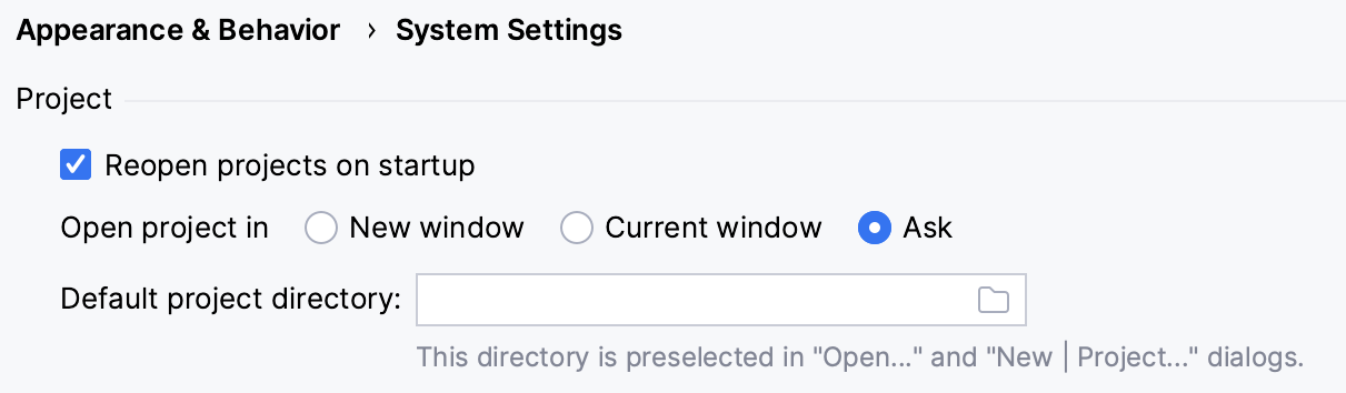 Project opening settings