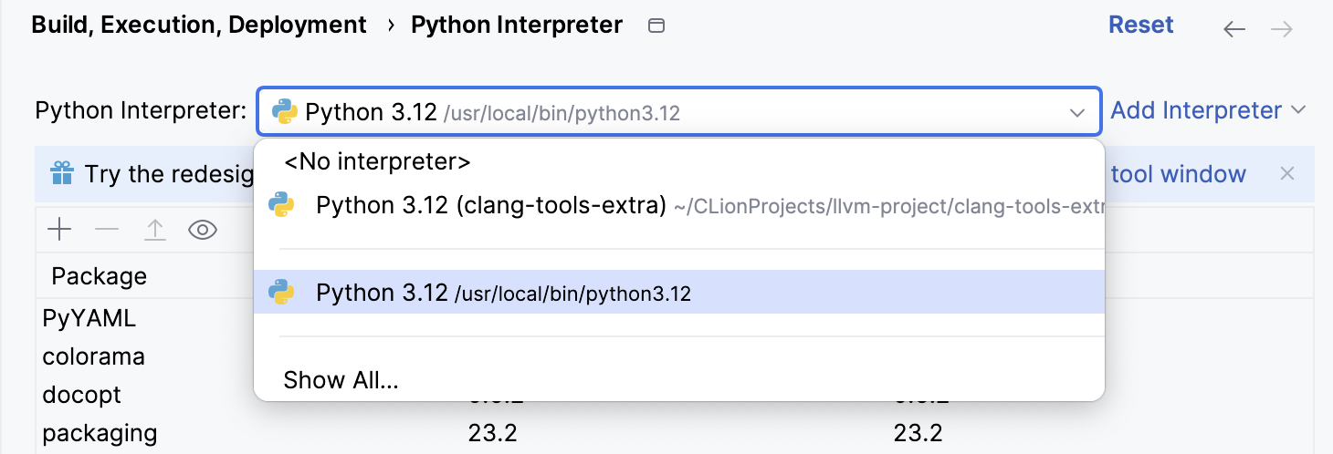 The list of the available Python interpreters