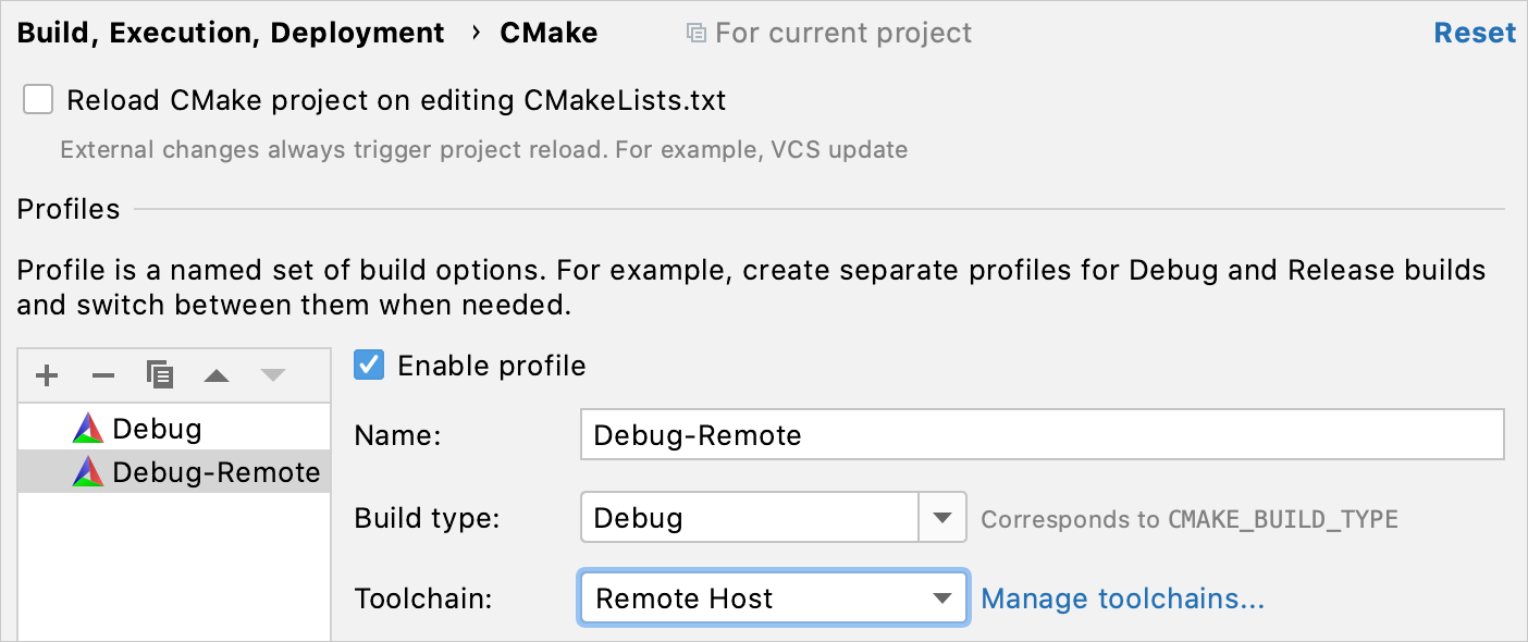 CMake profile for the remote toolchain