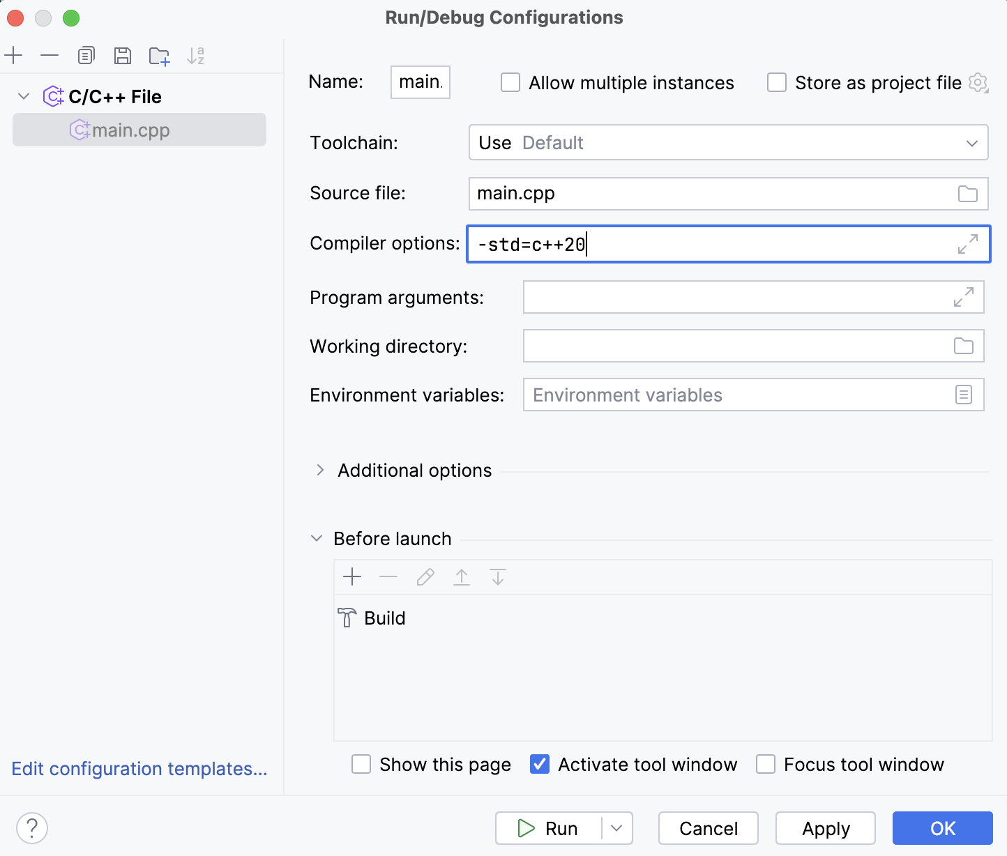 Adding compiler options to C/C++ File configuration