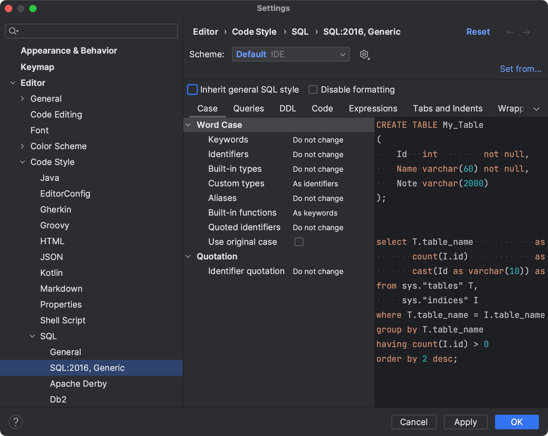 Configure the SQL code style | PyCharm Documentation