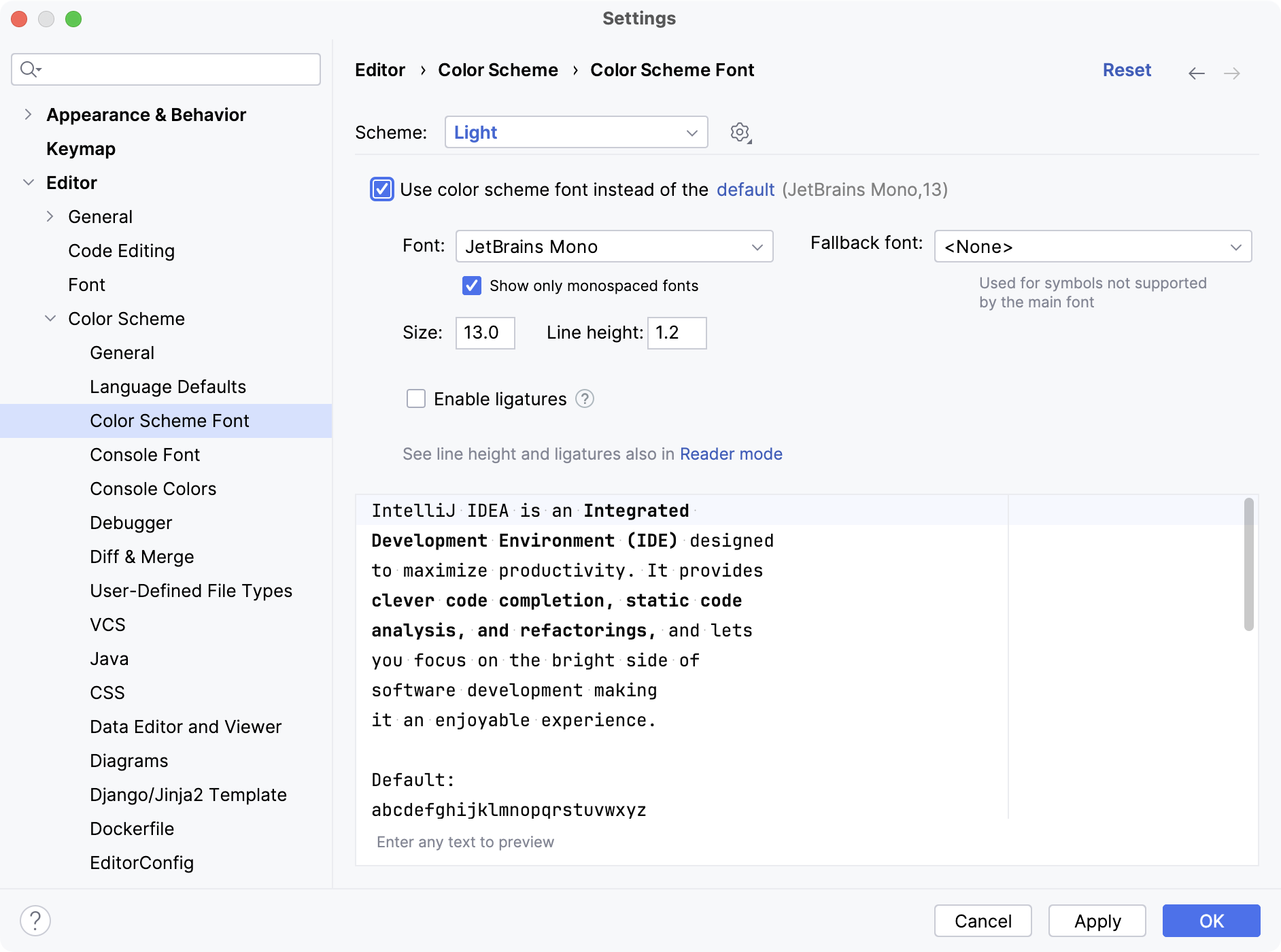 The Color Scheme Font settings page