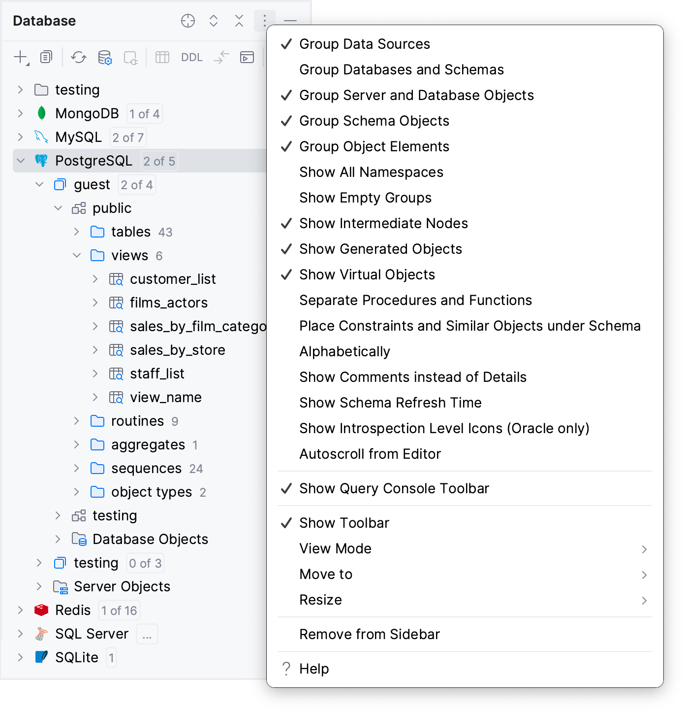 数据库工具窗口选项菜单项