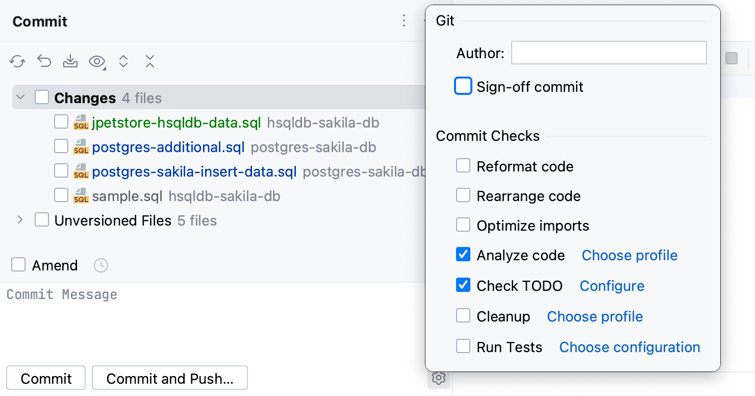 Advanced commit options popup