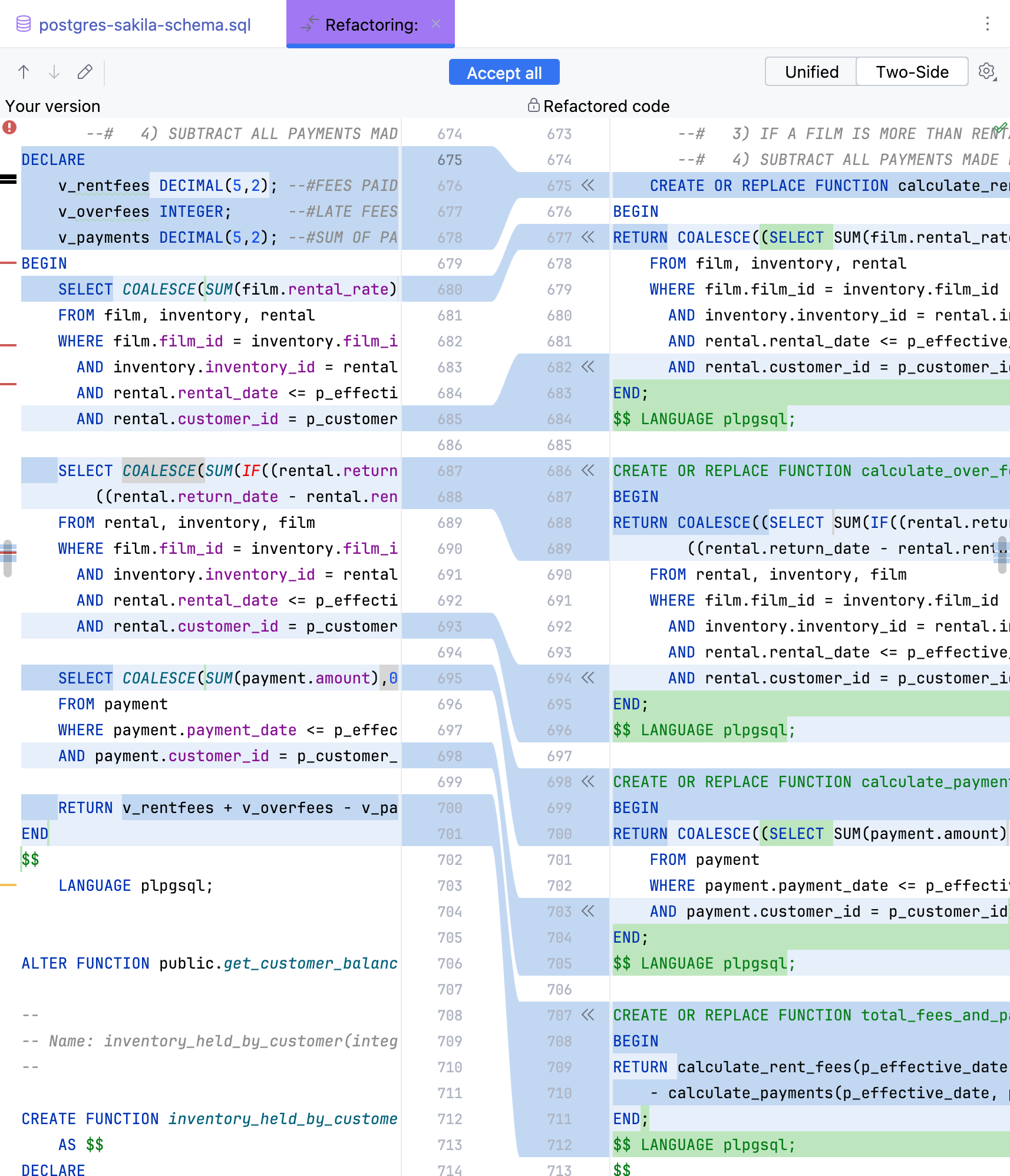 Diff tab with refactored code