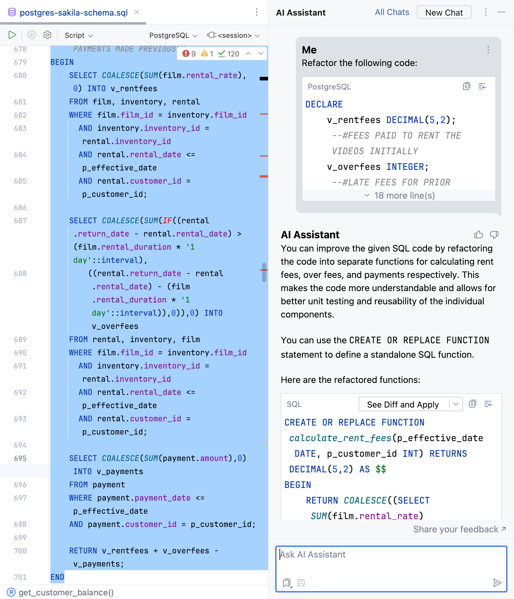 DataGrip: AI Assistant suggests refactoring