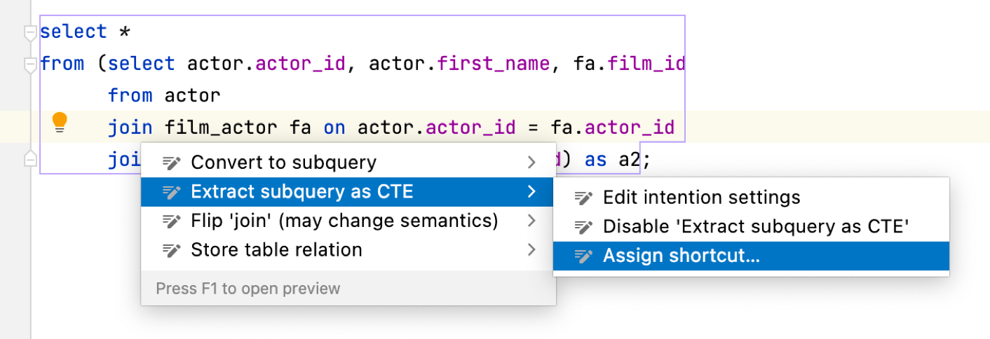 Assigning keyboard shortcut to intention action