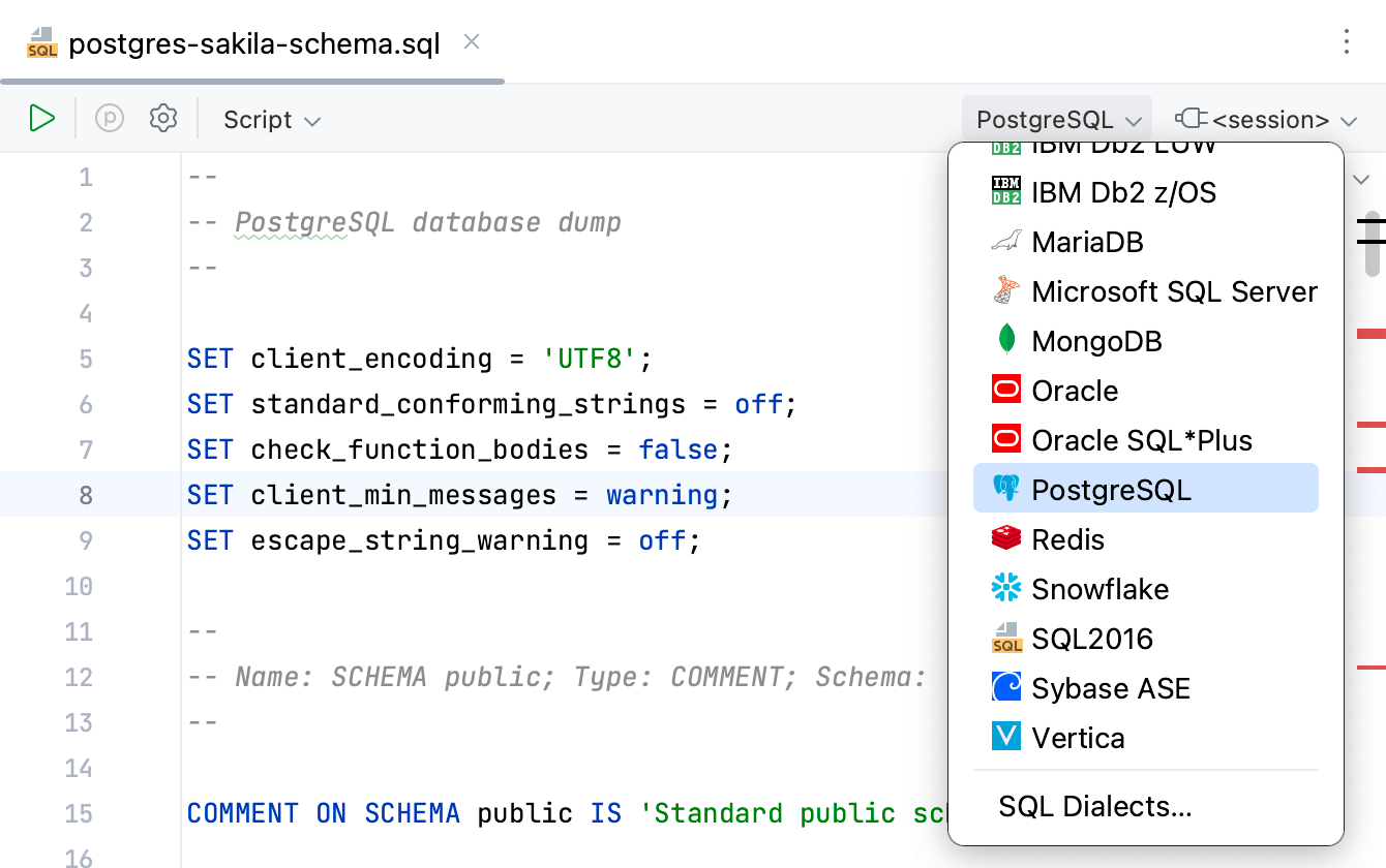 Specify an SQL dialect