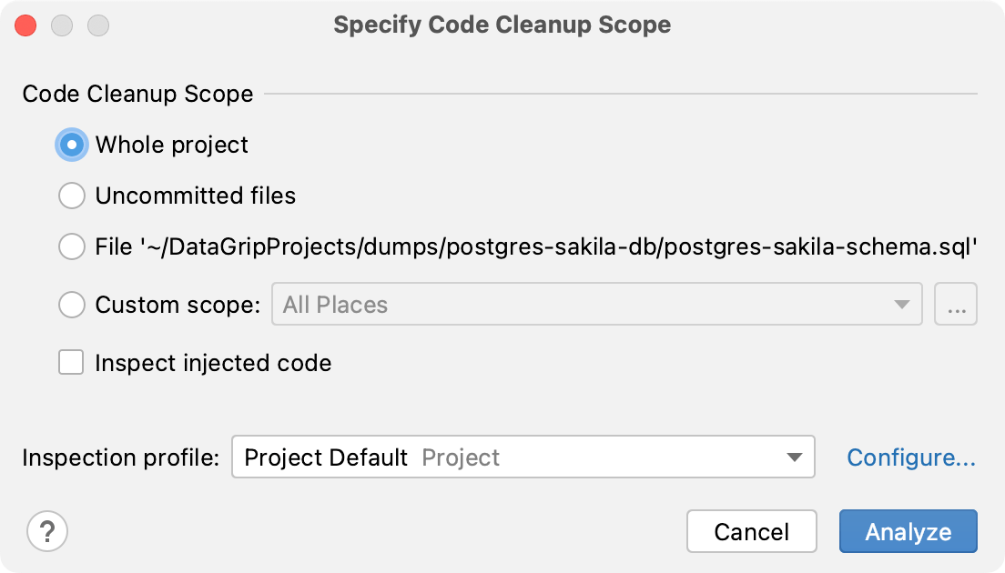 the Specify Code Cleanup Scope dialog