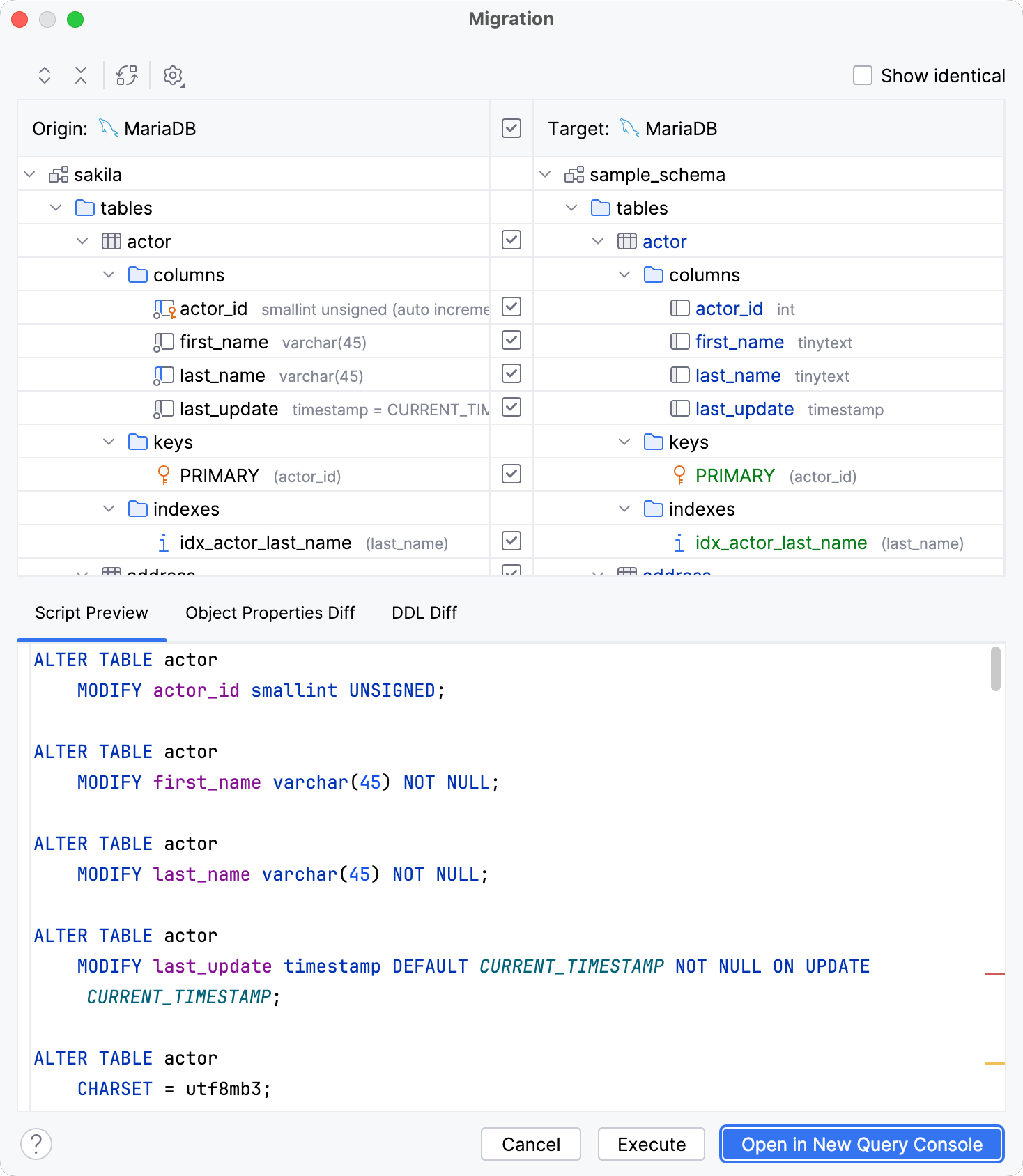 Compare two schemas