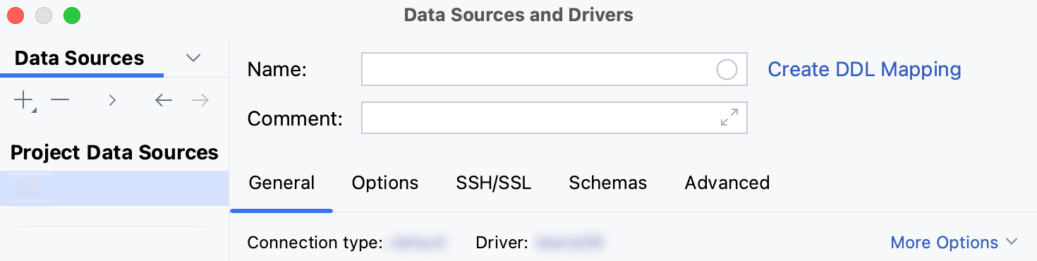 General tab of the Data Sources and Drivers dialog