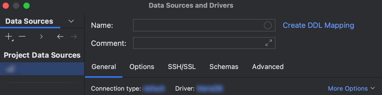 General tab of the Data Sources and Drivers dialog