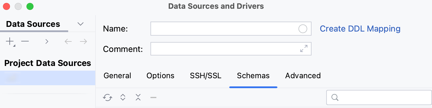 Schemas tab of the Data Sources and Drivers dialog