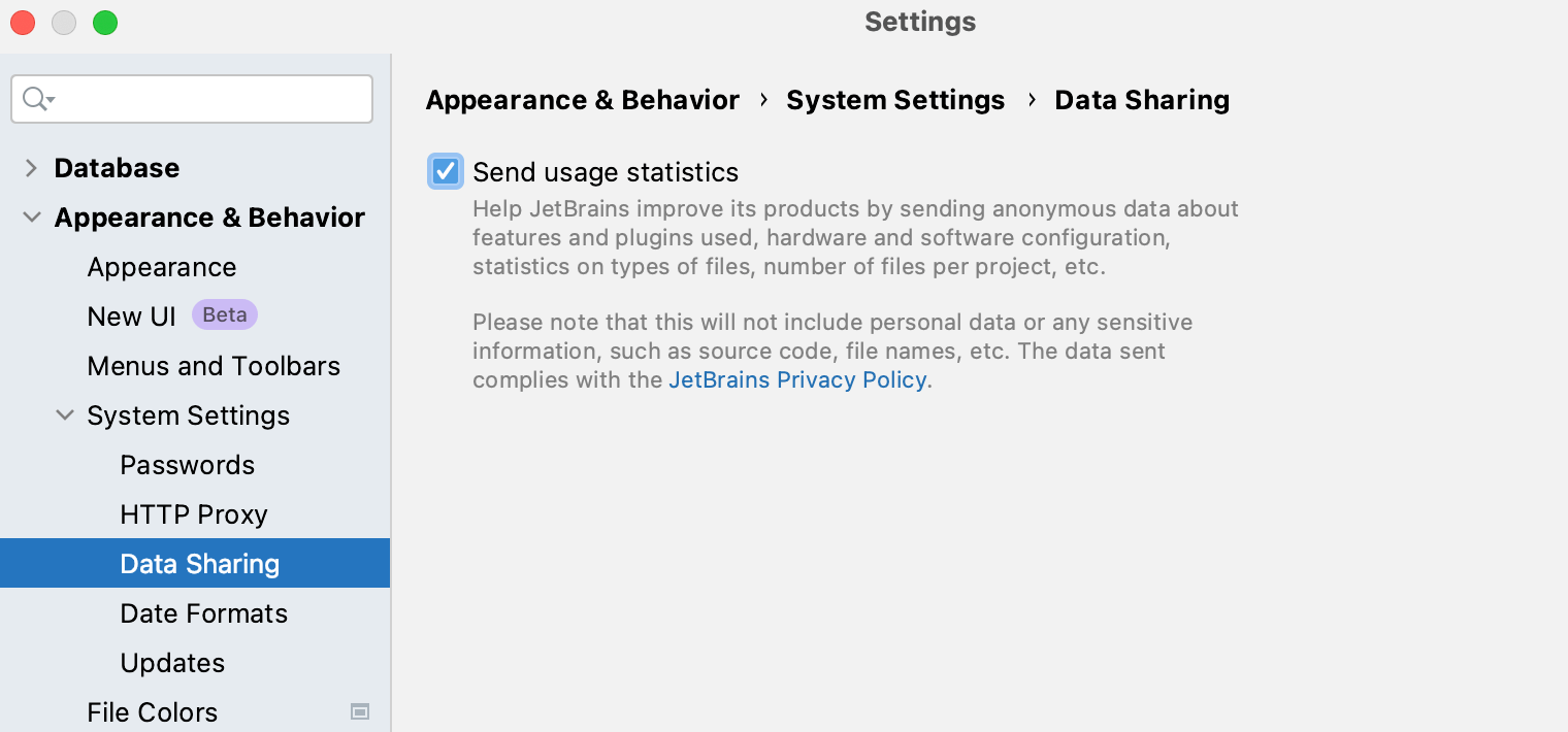 the Data Sharing dialog