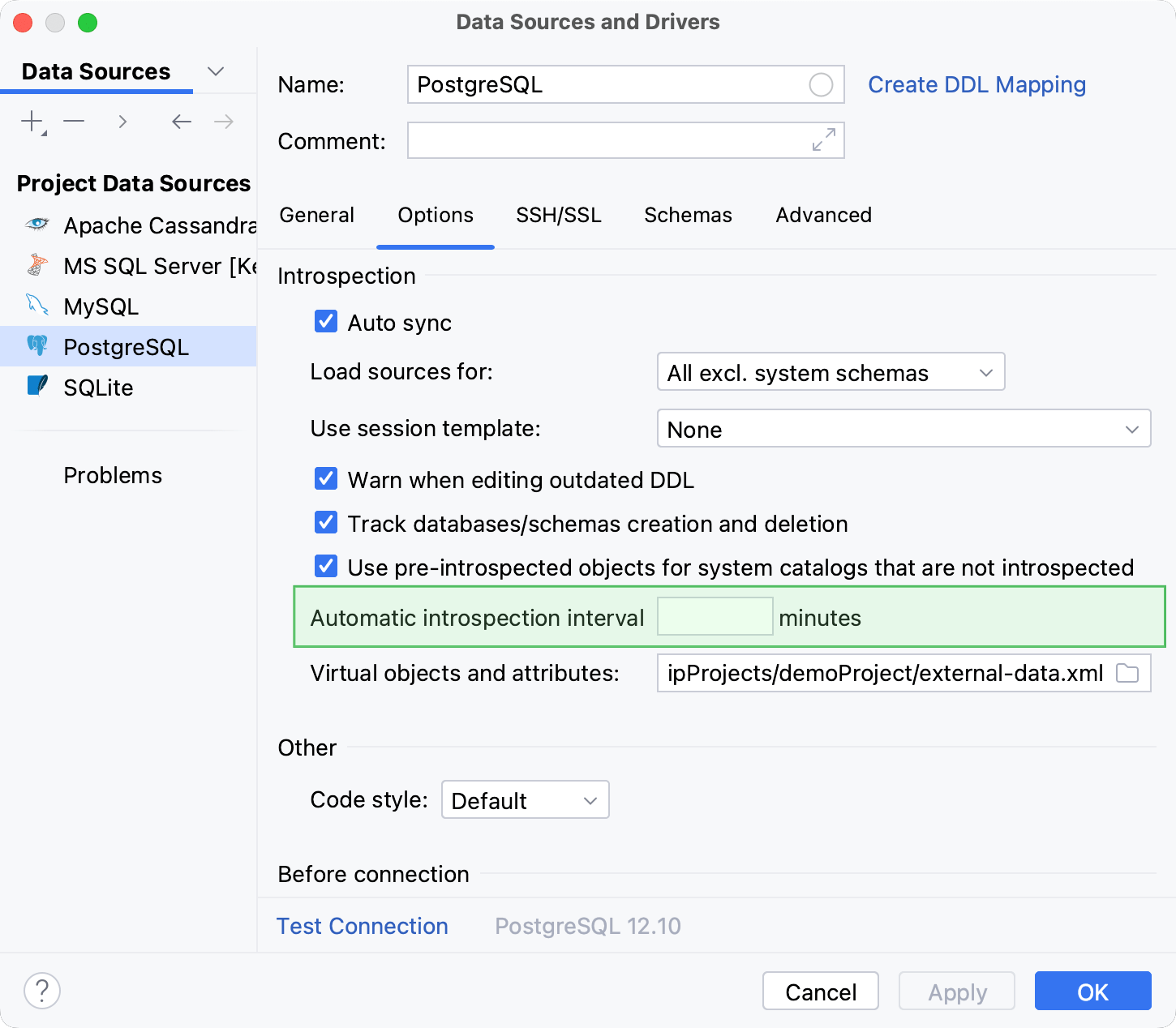 Automatic introspection interval setting in the Data Source and Drivers dialog