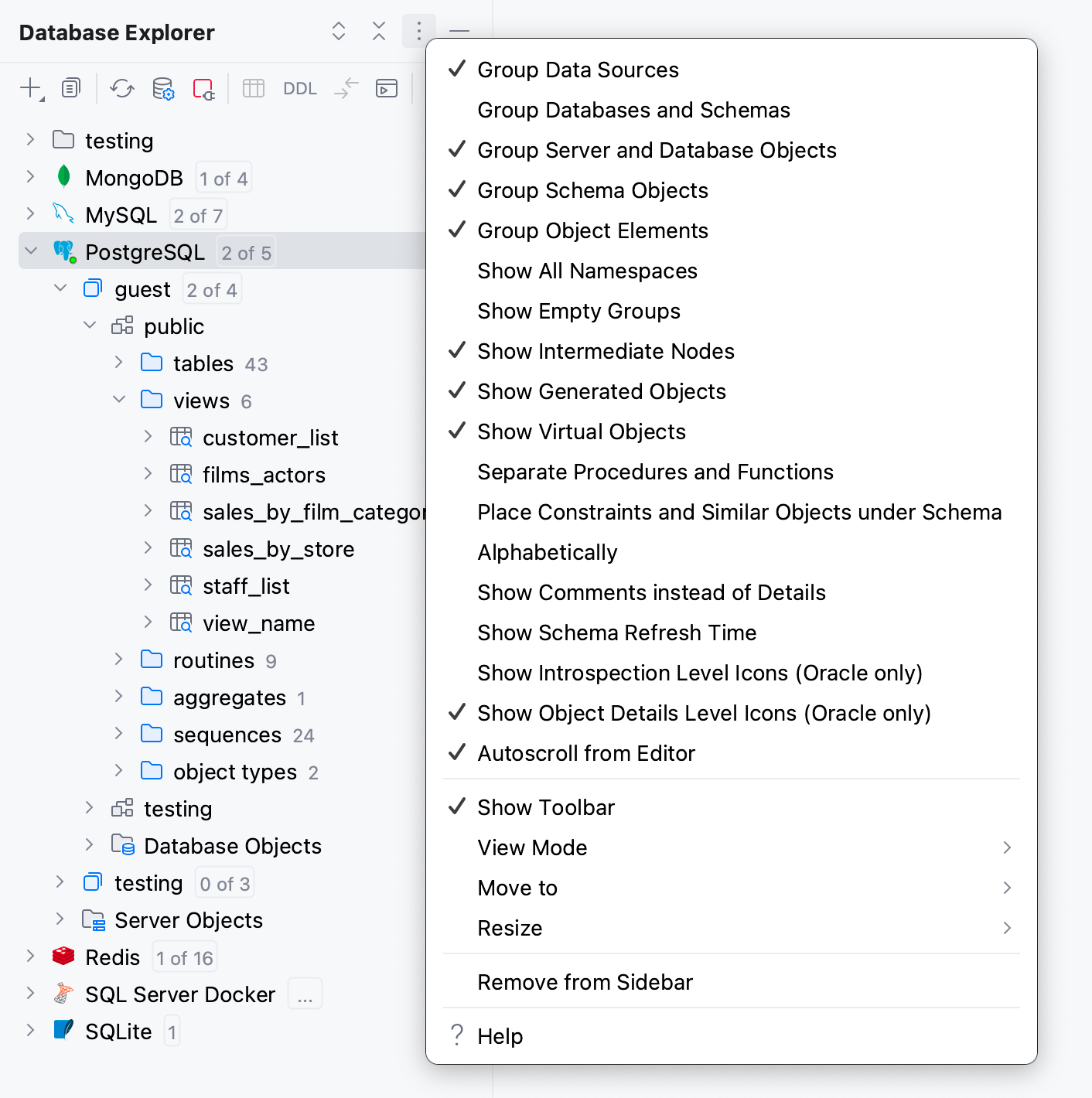 Database Explorer Options menu items