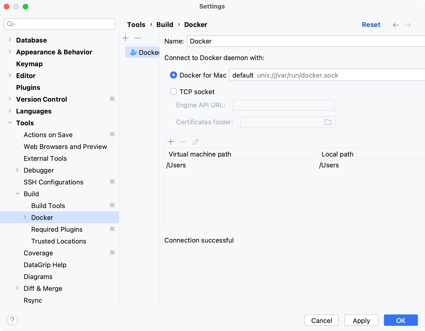 The Docker connection settings