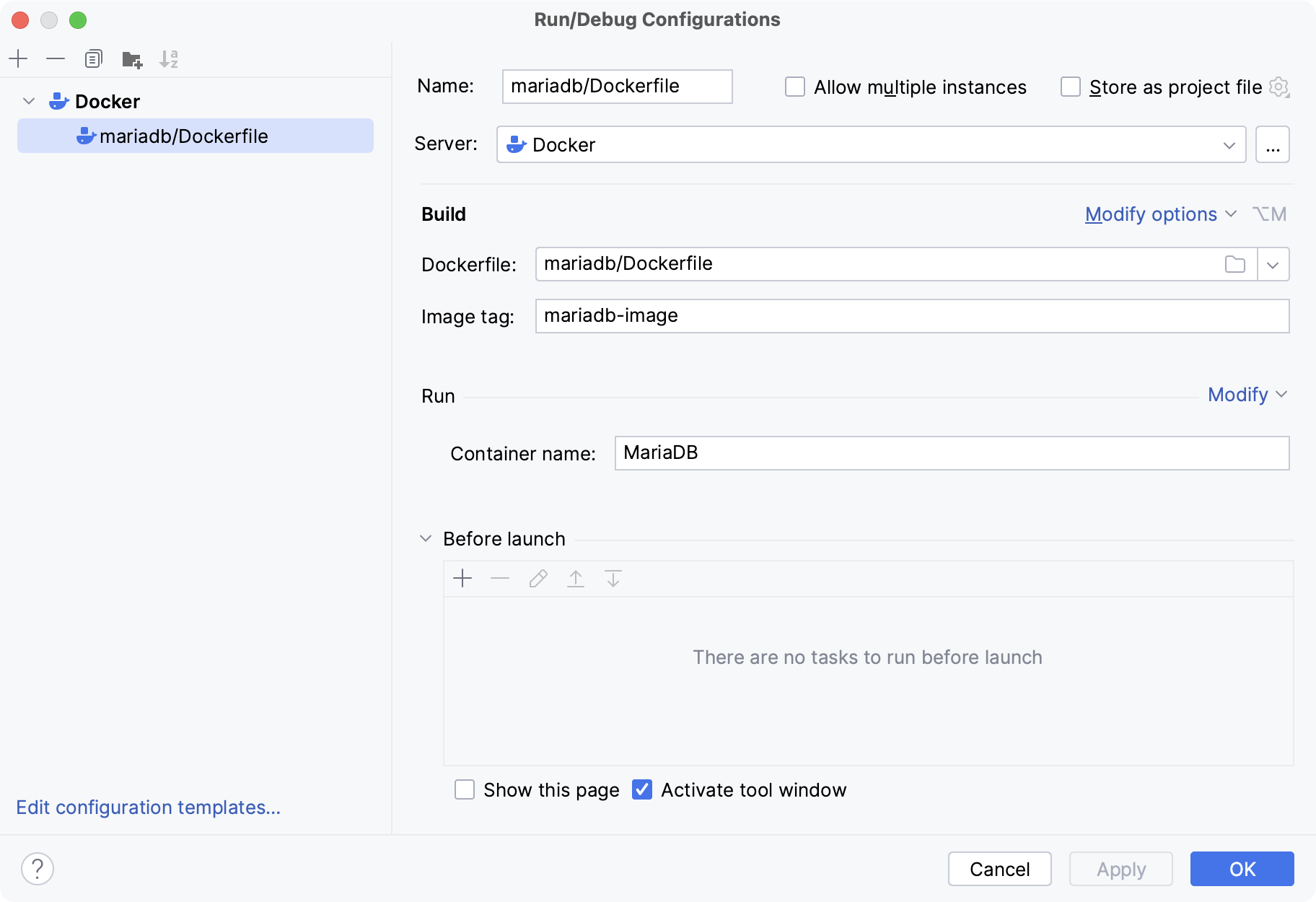 Dockerfile run configuration dialog