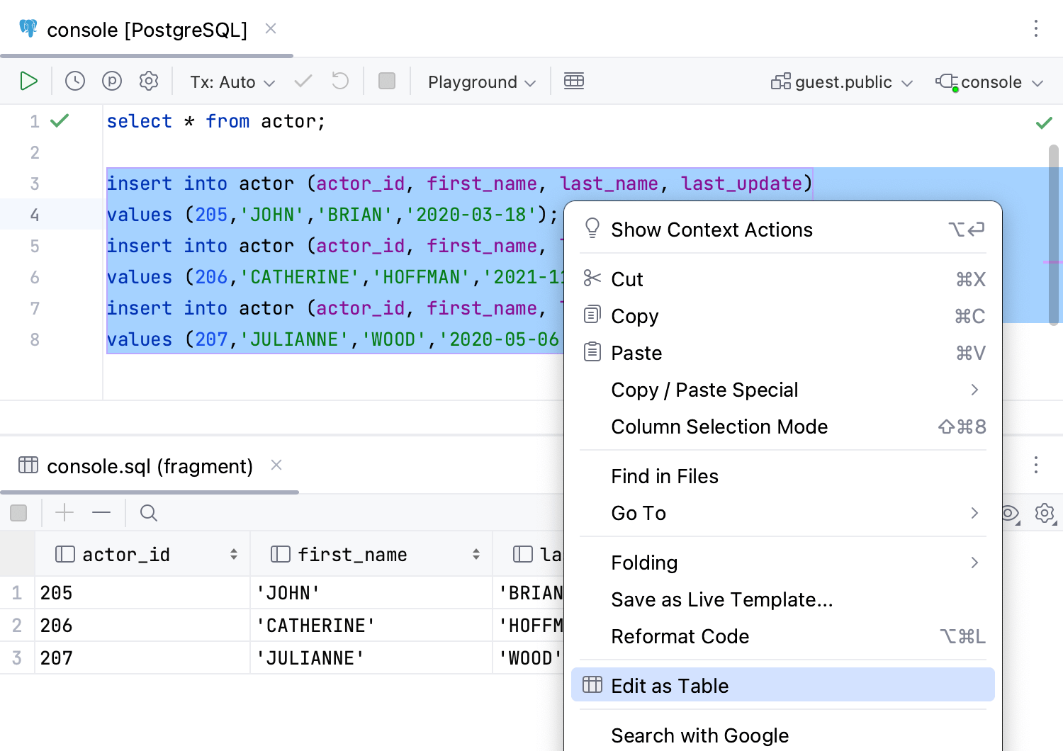 Edit data in INSERT statements as a table