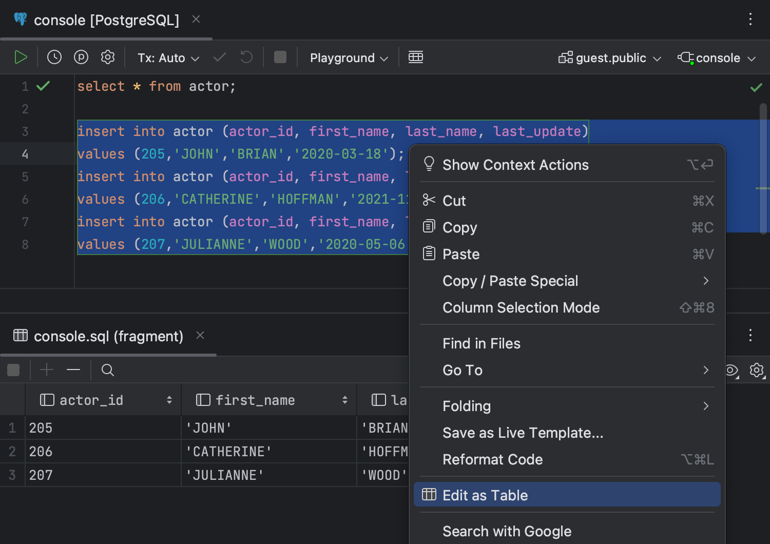 Edit data in INSERT statements as a table