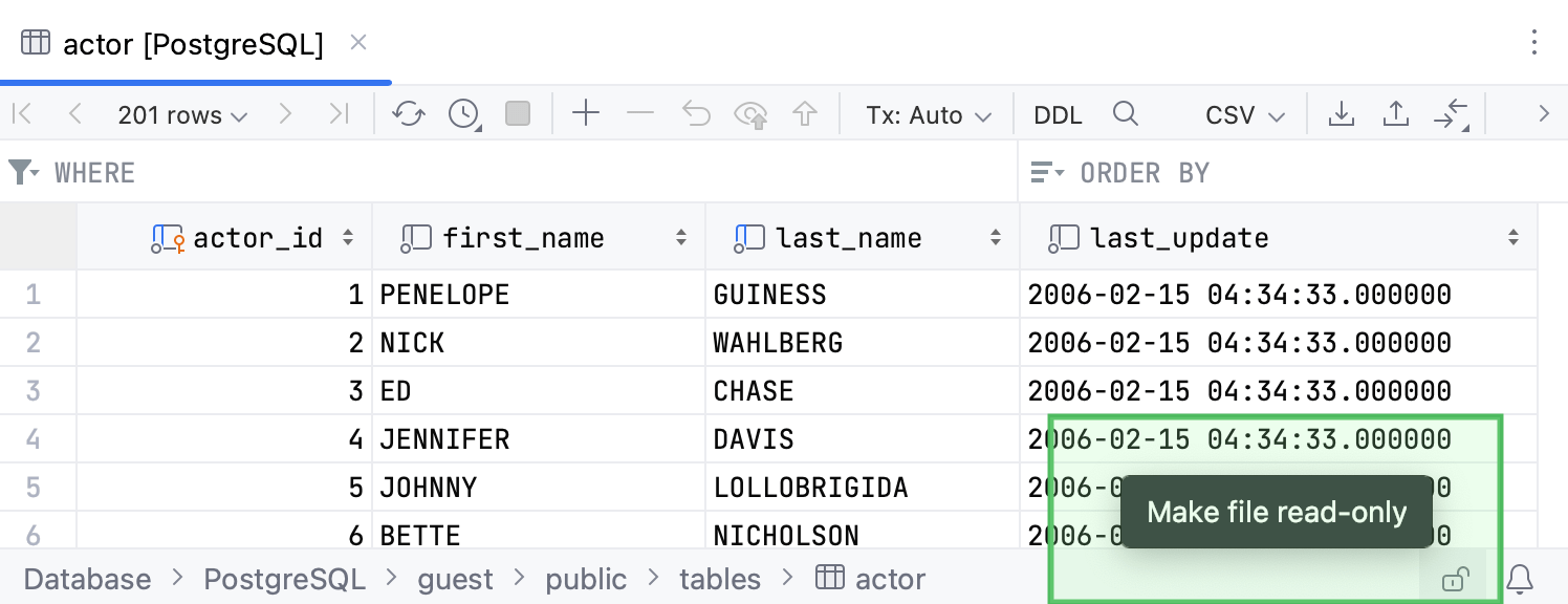Enable the read-only mode for a table