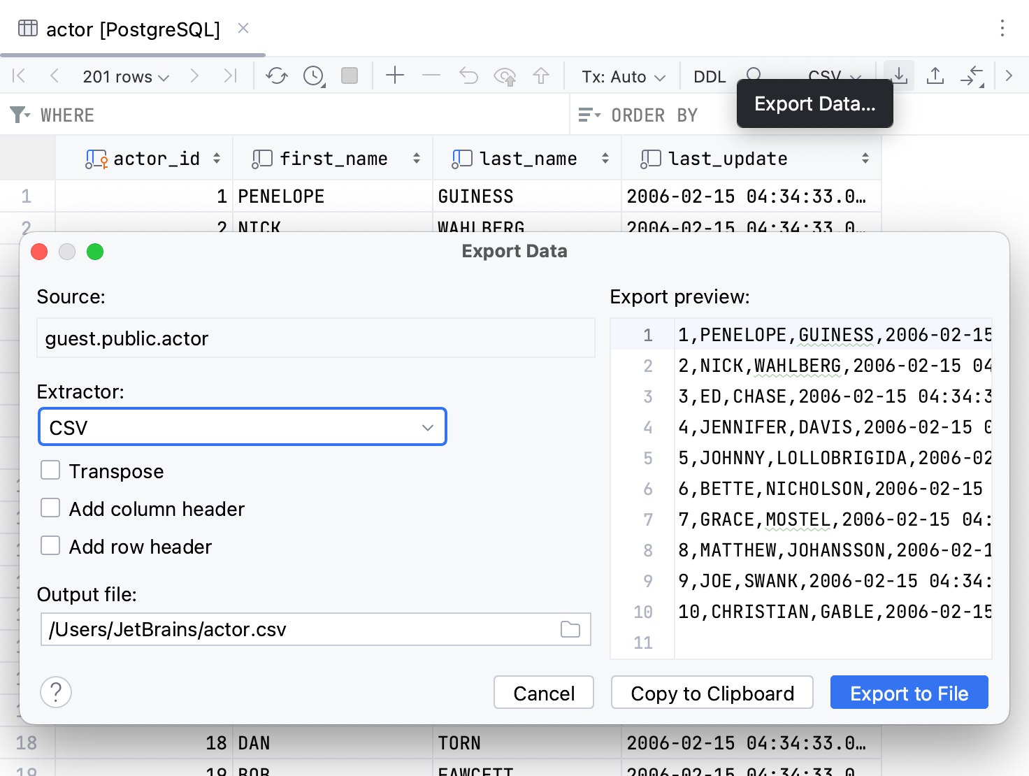 Export data from the editor