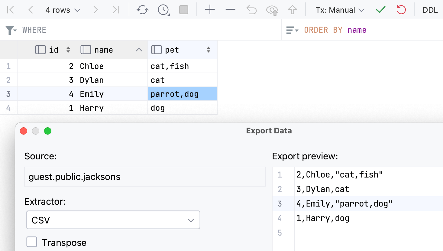 Export table data that contains commas within the cells