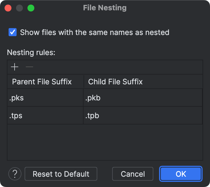 File nesting rules datagrip documentation