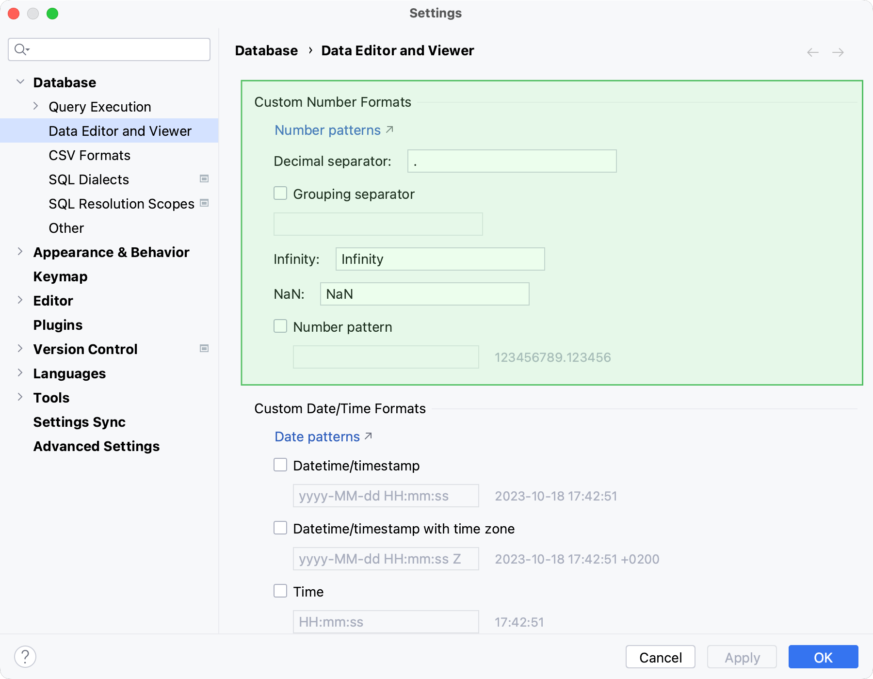 Custom Number Formats settings in the IDE settings dialog