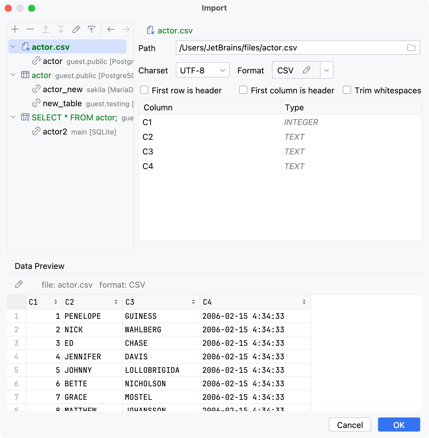 Import dialog with CSV, Table, and Query Source mappings in the mapping tree