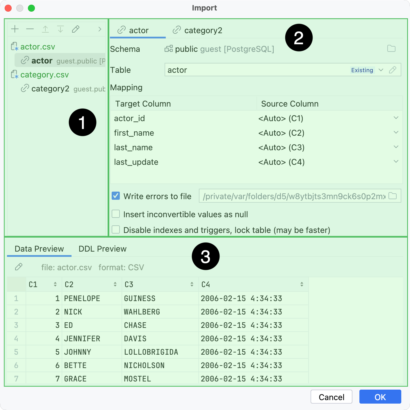 Import dialog: mapping settings