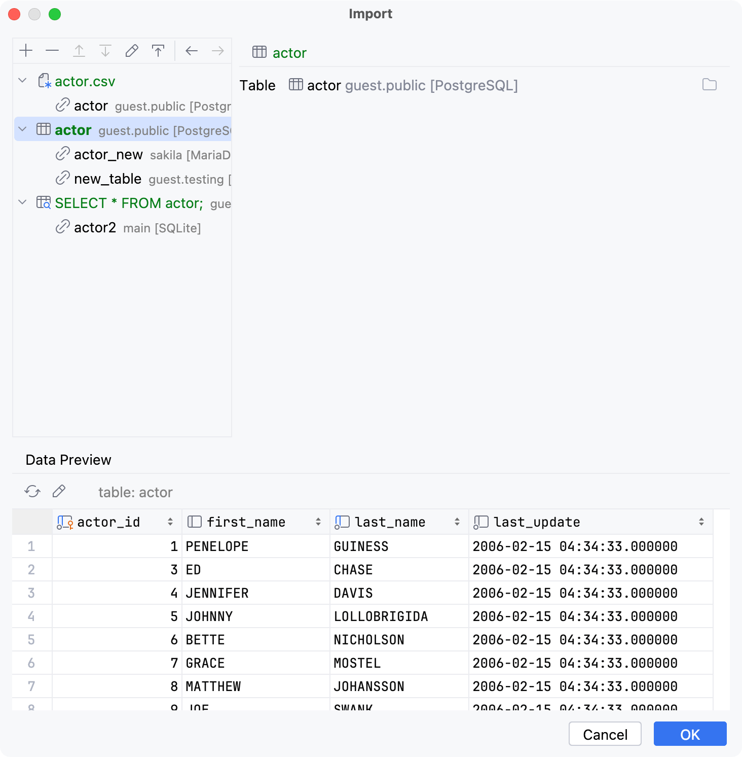 Import dialog: Table Source settings