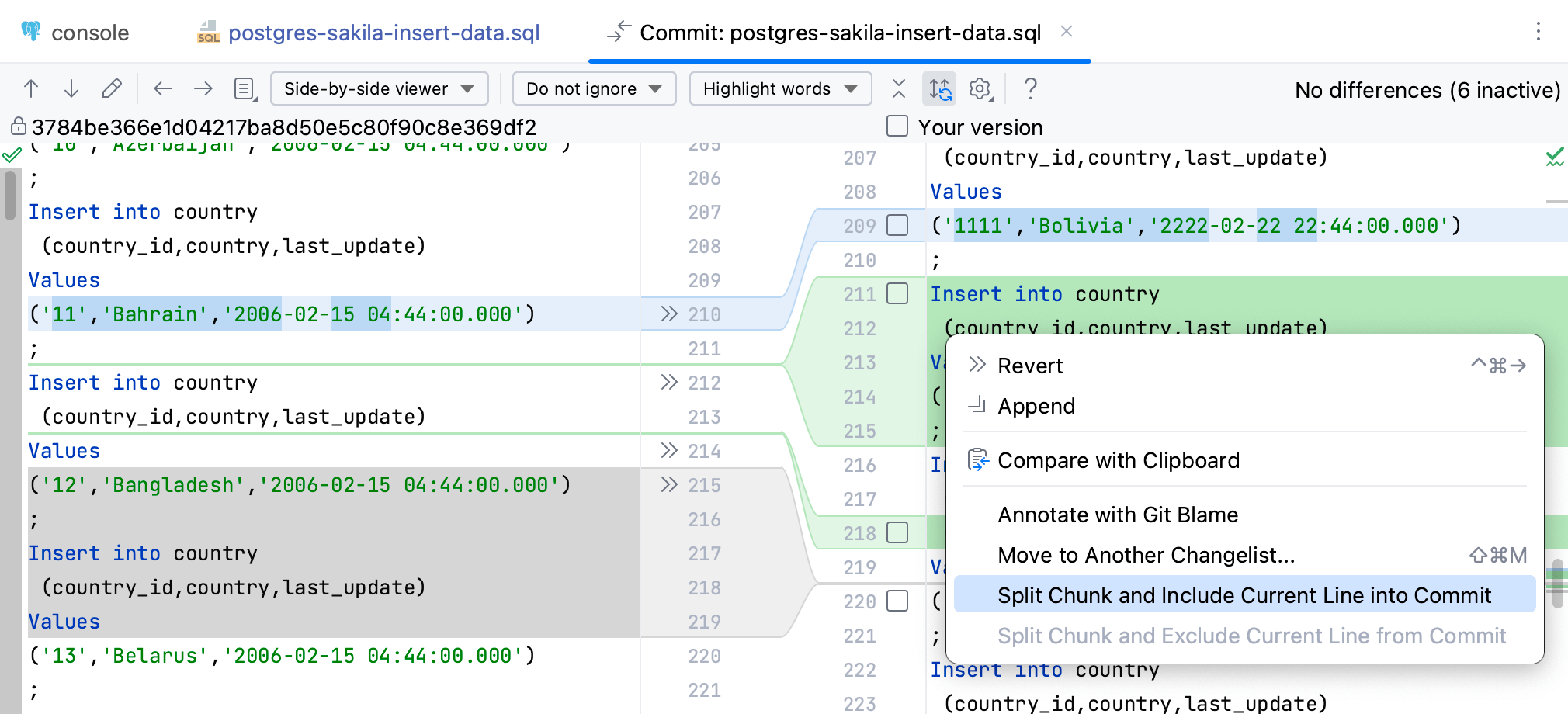 DataGrip: An option to include current line in commit in the context menu