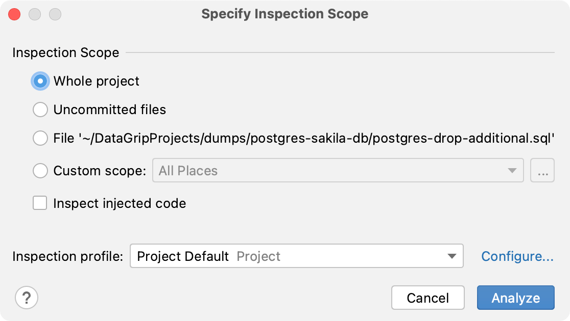 The Specify Inspection Scope dialog