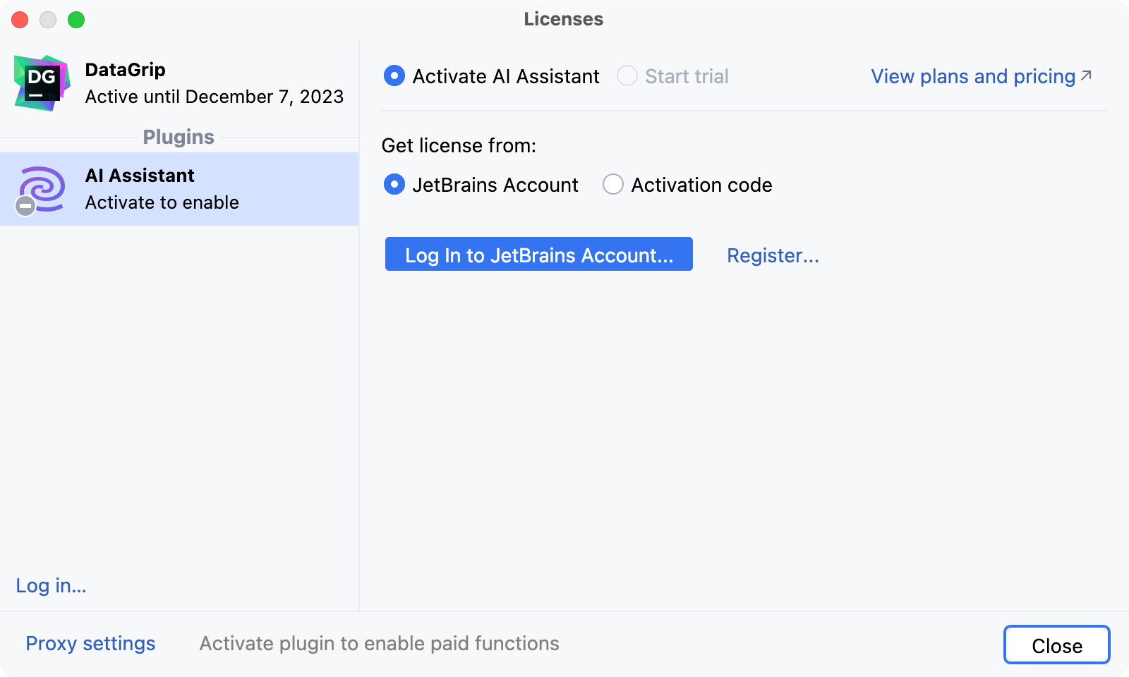 Licenses dialog with an option to log in to JetBrains account